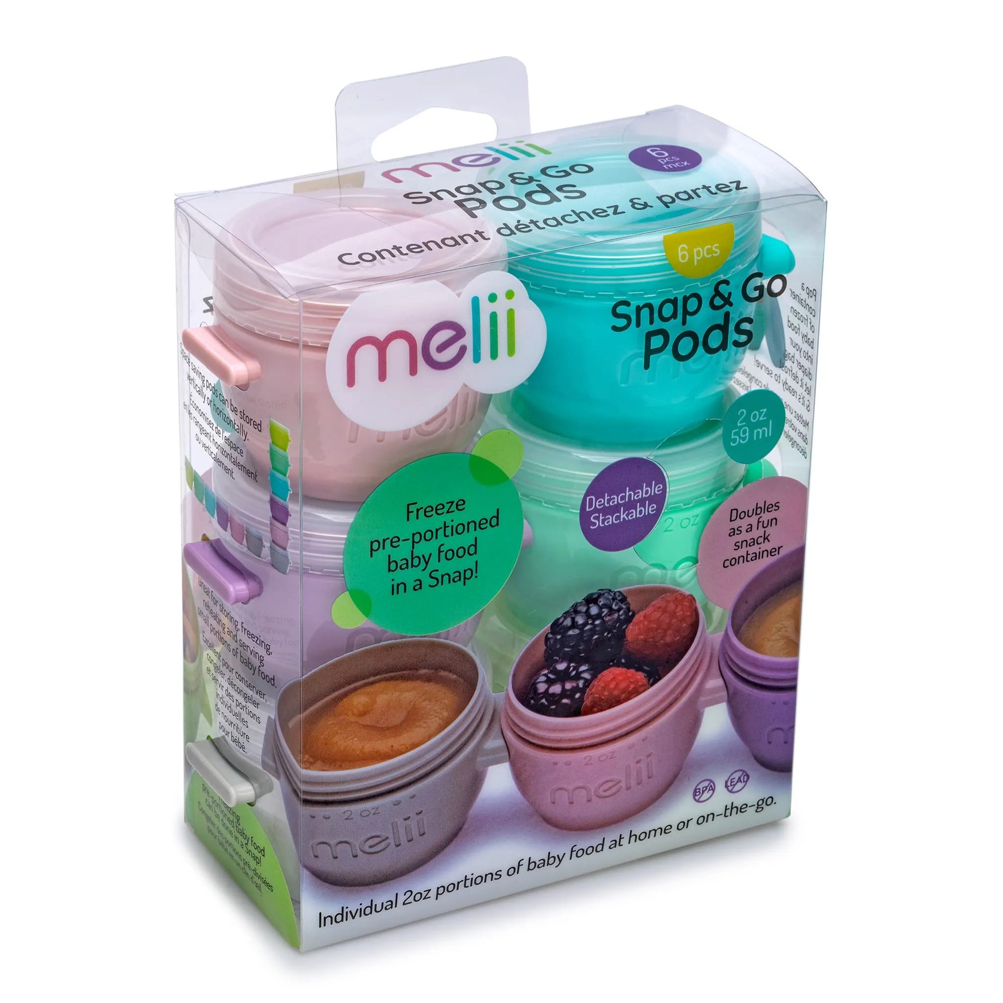 Melii Bols et Couvercles Snap & Go Pods 2oz Paquet de 6
