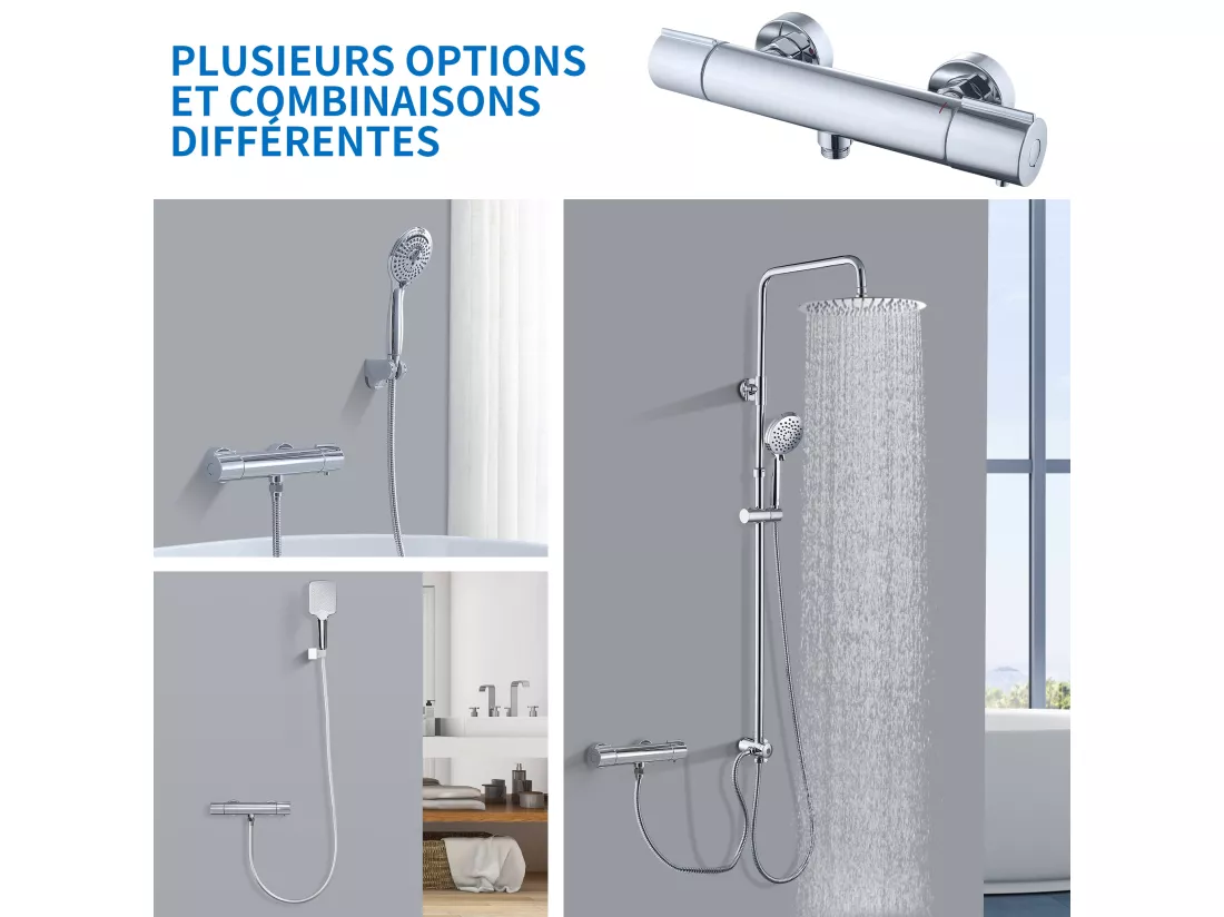 Mitigeur Thermostat Douche Robinet Mitigeur Douche pour Colonne de Douche Baignoire Robinetterie de Bain en Laiton Chromé