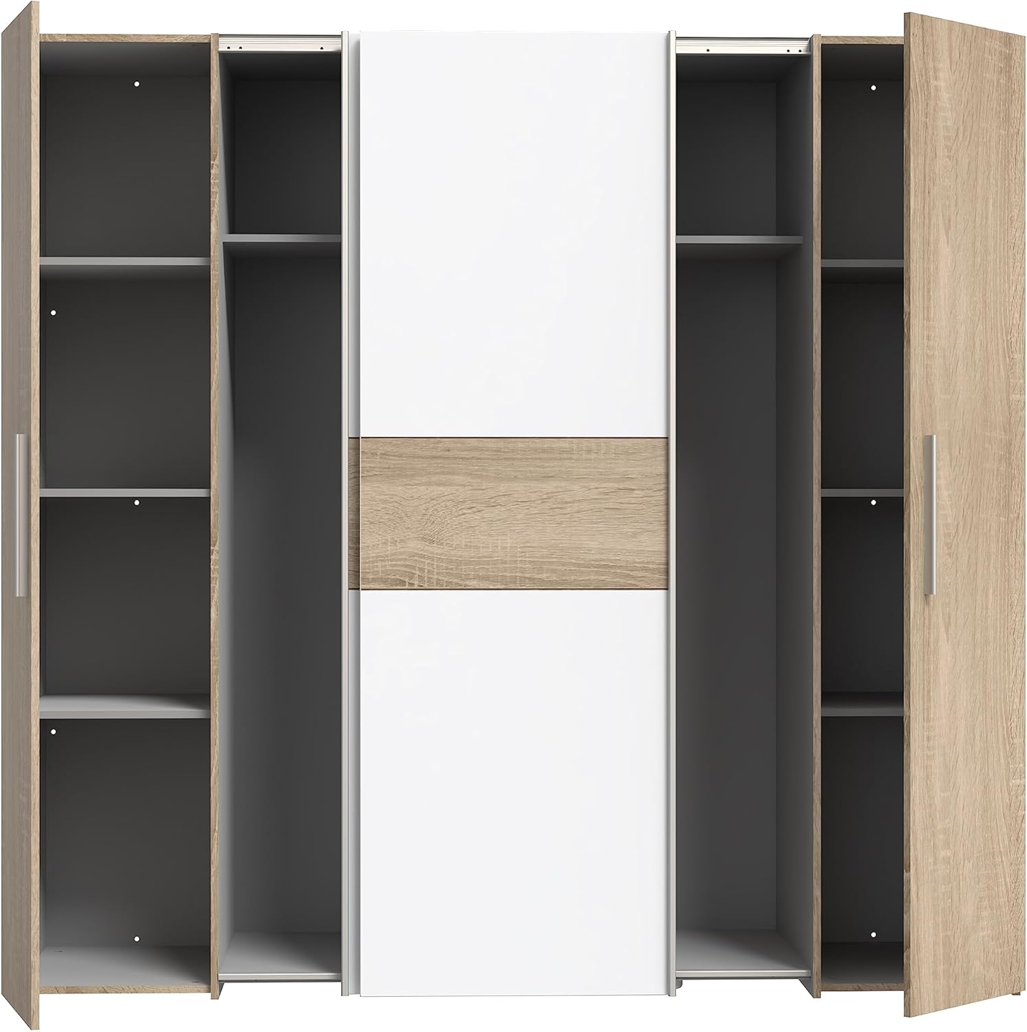 FORTE KALIXTUS Schrank 200, Kleiderschrank, Schwebetürenschrank Skandinavisch Schlafzimmer 4-türig, Holzdekor: Sonoma Eiche / Weiß, 200 cm breit x 190.5 cm hoch x 62 cm tief