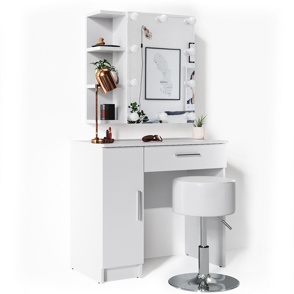 Vicco Schminktisch Fynnia Frisiertisch Kommode Frisierkommode Spiegel Weiß inklusive Hocker und LED-Lichterkette