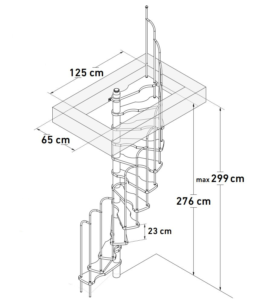 HandyStairs ruimtebesparende wenteltrap “Alpha” – 299 cm hoog – trappenhuis 125 x 65 cm – 12 treden van grenenhout