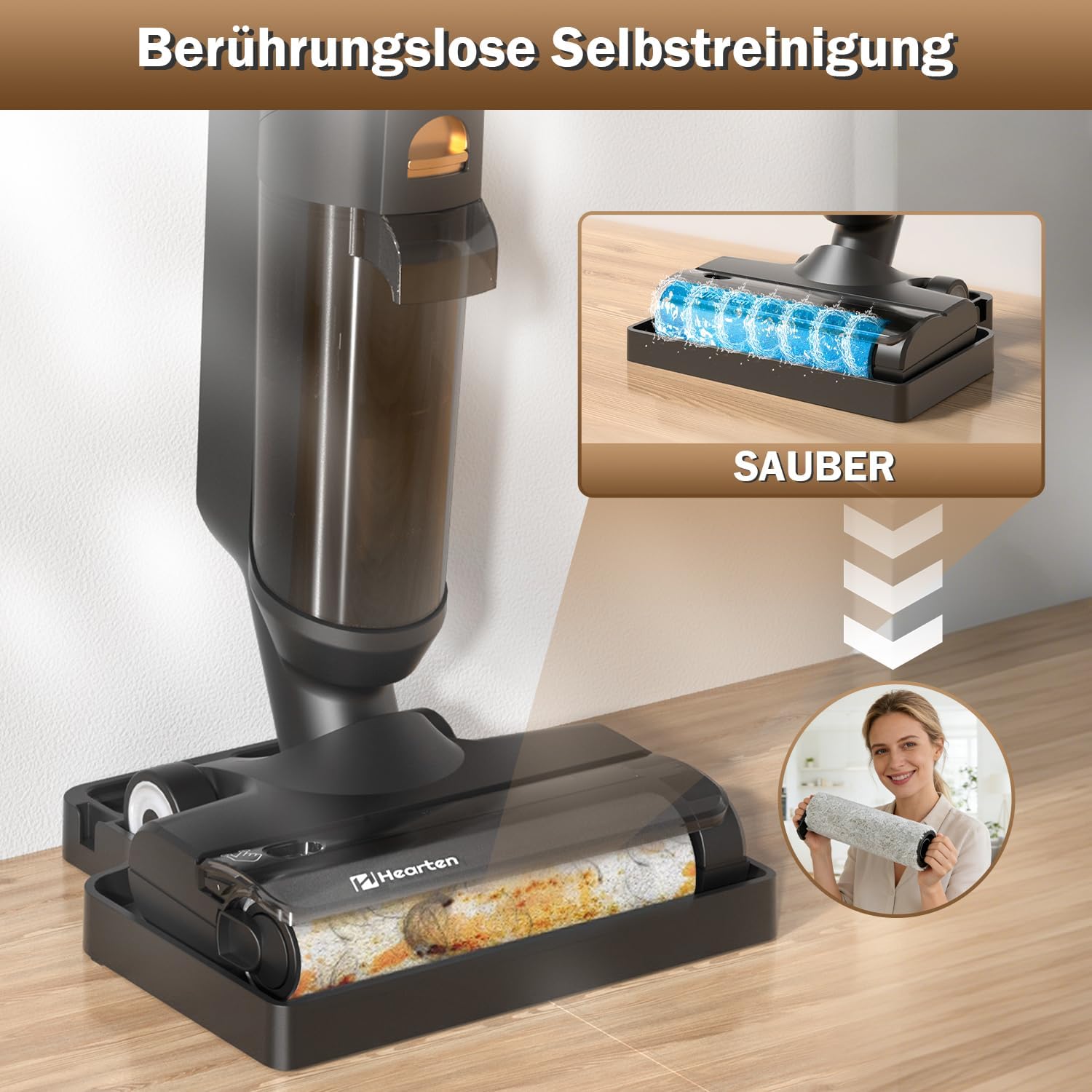 Hearten Nass Trockensauger, Selbstreinigung, Staubsauger mit Wischfunktion, Kantenreinigungsbürste, Für Hartböden, Tierhaare, Intelligente Schmutzerkennung, Sprachansagen.