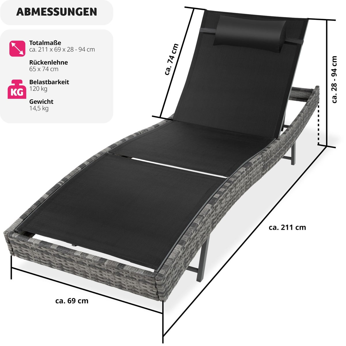Rotan ligstoel tectake Delphine duurzaam en UV-bestendig 211 x 69 x 28-94 cm