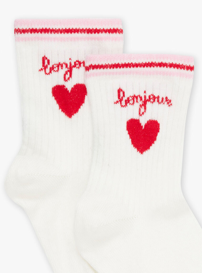 Chaussettes écrues et rouges en jacquard à motif coeur
