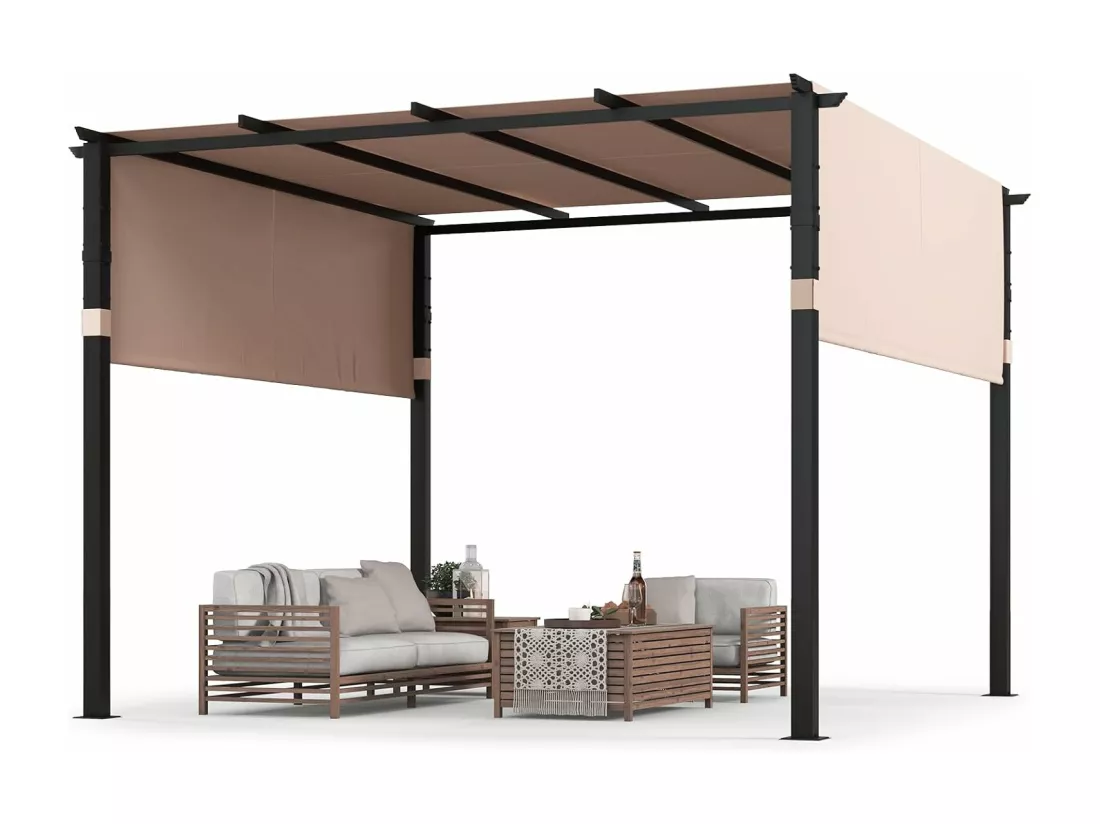 Pergola Rétractable d'Extérieur 305 x 305 CM, Pergola Métallique à Toit Plat pour Patio avec Auvent Rétractable 2 Couvre-soleils à Enrouleur, Tonnelle Abri pour Jardin Patio Porche (Beige)