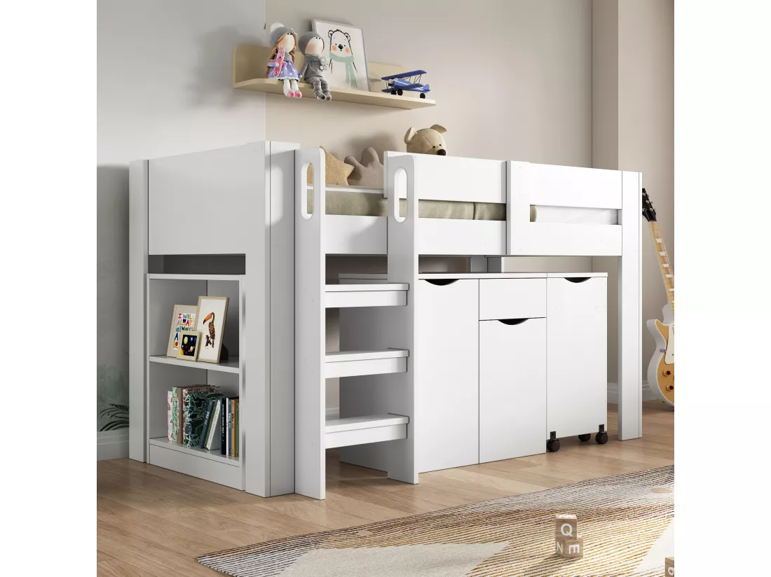 Lit mezzanine 90 x 200 cm avec bureau coulissant, armoire et tabouret - Bois MDF - Blanc (sans matelas)