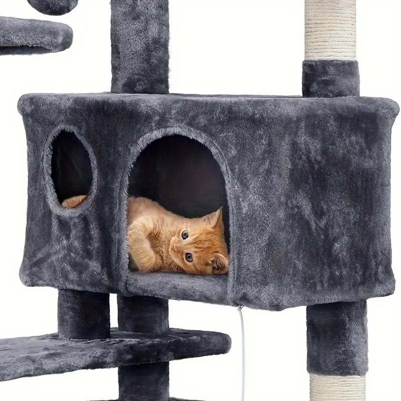 (136cm) Katzen Baum Sisal Kratzsäulen mit Häuschen / Treppe / Aussichts Plattformen / Spiel Bälle - Schwarz