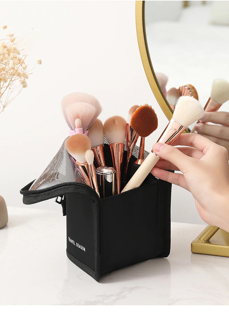 (24x14x14cm) Aufstellbare Kosmetik Tasche Pinsel Necessaire Beauty Make Up Organizer Reisetasche - Schwarz