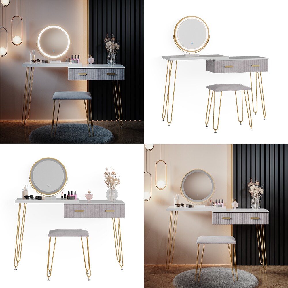 Vicco Schminktisch Frisiertisch Schminkkommode Zoey Weiß Grau LED-Spiegel Design-Hocker 120x76 cm modern Schlafzimmer Kommode Schublade Ablage Aufbewahrung Touch-Switch Kosmetiktisch Make-Up-Tisch