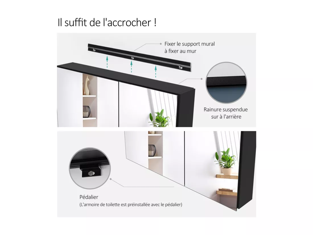 EMKE Armoires de toilette 85x65cm Noir Armoire Salle de Bain en Miroir Double Face