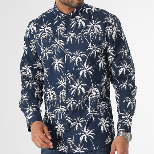 Chemise Manches Longues Floral Bleu Marine Blanc