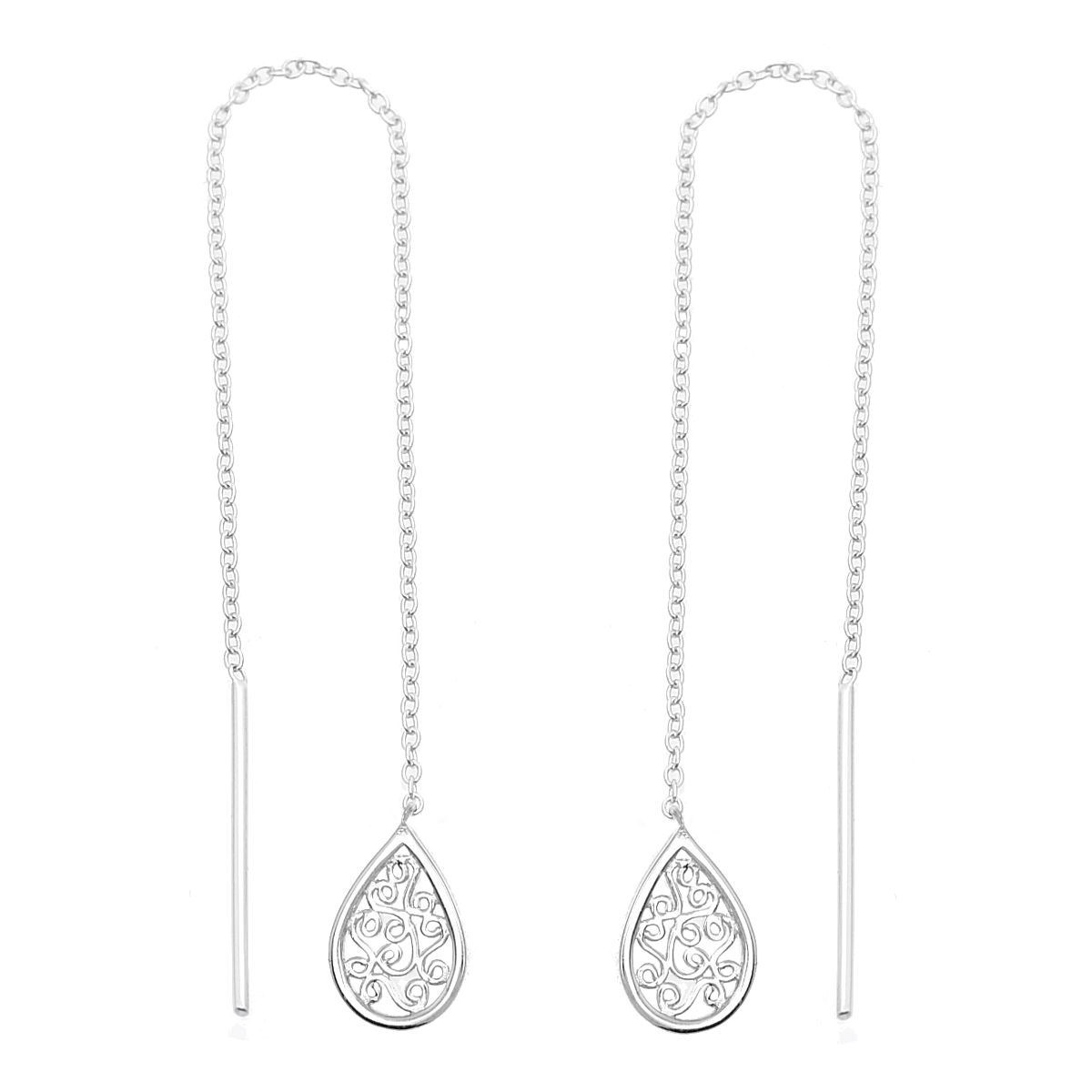 Boucles d'oreilles traversantes goutte arabesque tombante avec chaînette Argent 925 Rhodié