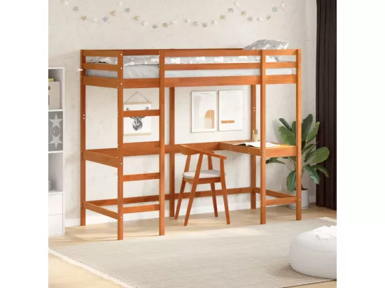 Lit superposé avec bureau cire marron 75x190 cm bois pin massif