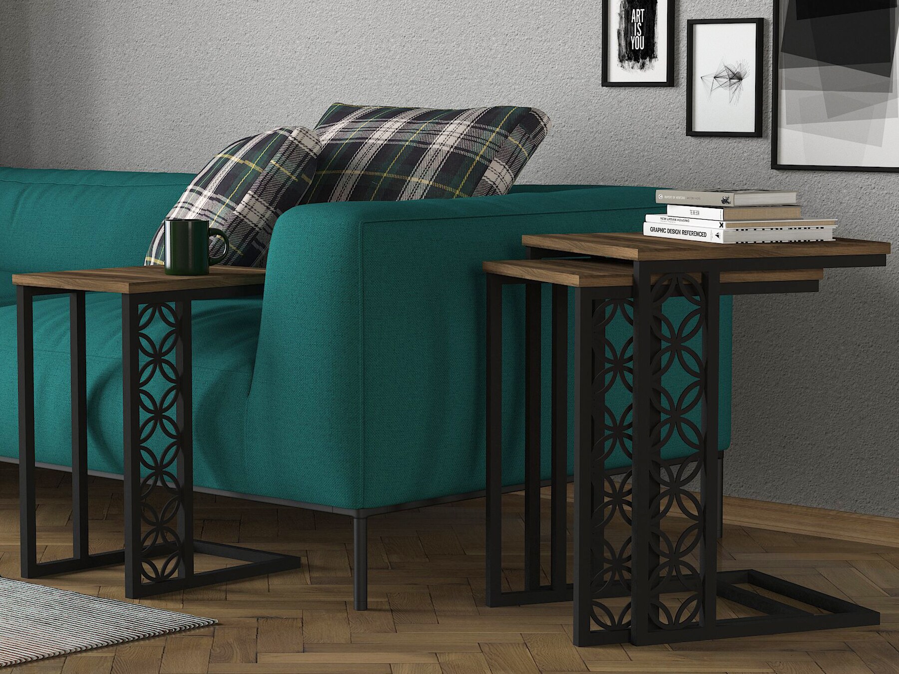 Beistelltisch 3er Set Metall Klark Walnuss