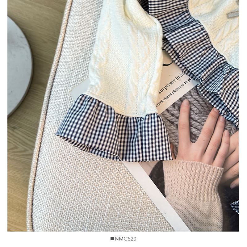 Lemongrass - Patchwork kabelgebreide cardigan met ruches en strik
