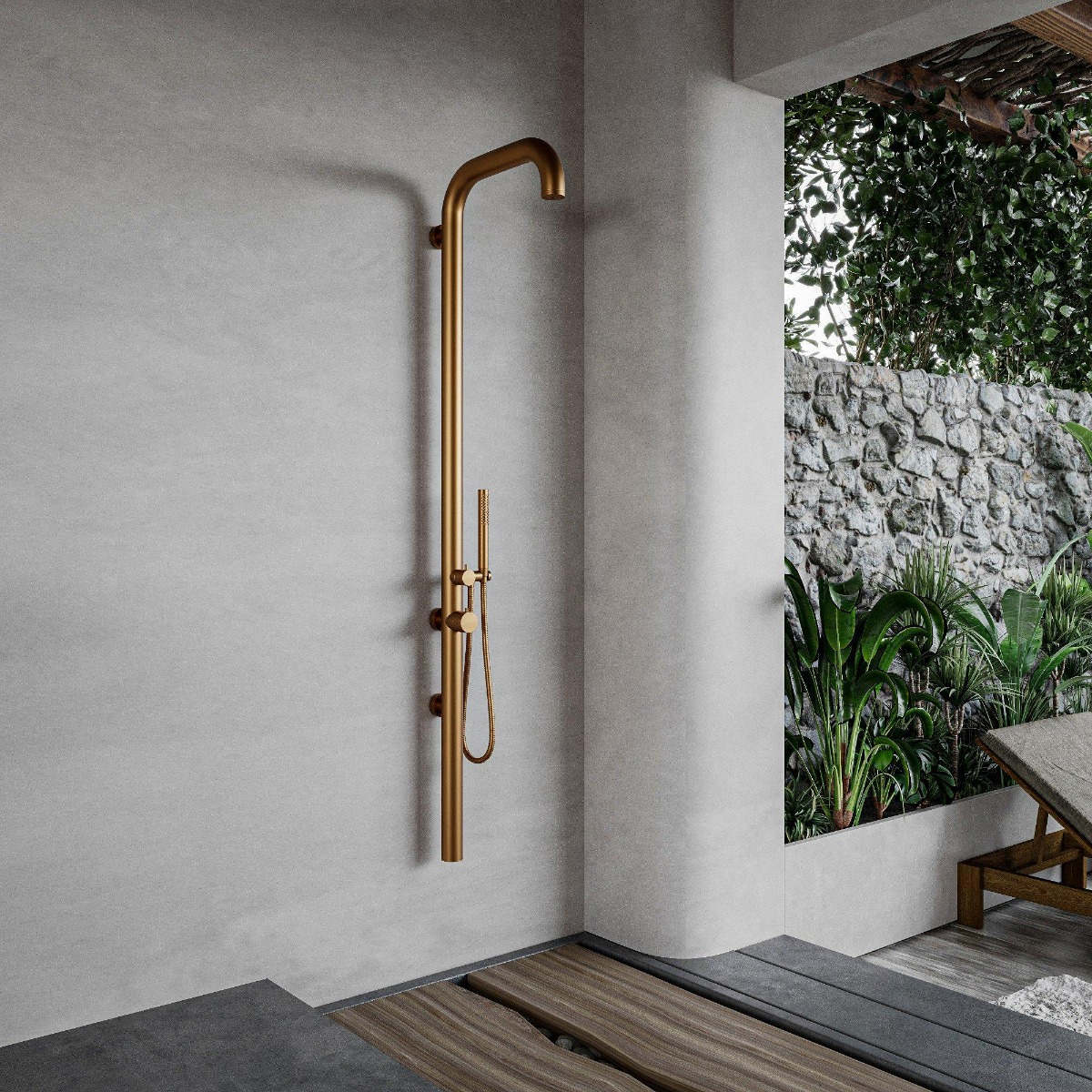 FortiFura Outdoor Original buitendouche met handdouche geborsteld koper