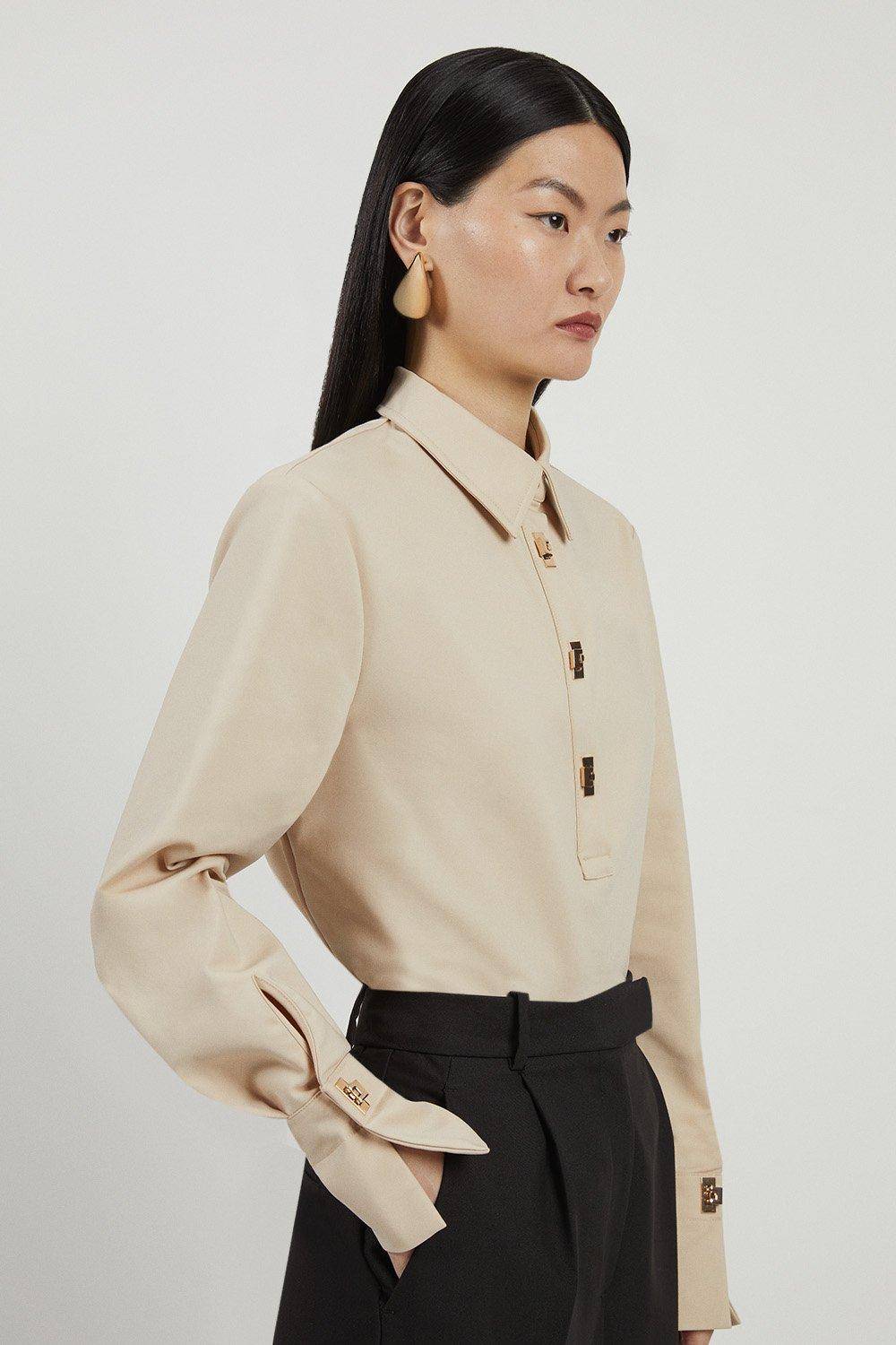 KarenMillen Chemise tissée Techno Cotton avec fermoirs dorés