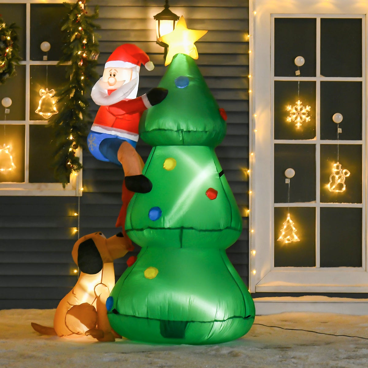 HOMCOM Opblaasbare kerstboom met kerstman en hond, 123 x 85 x 180 cm, polyester, groen