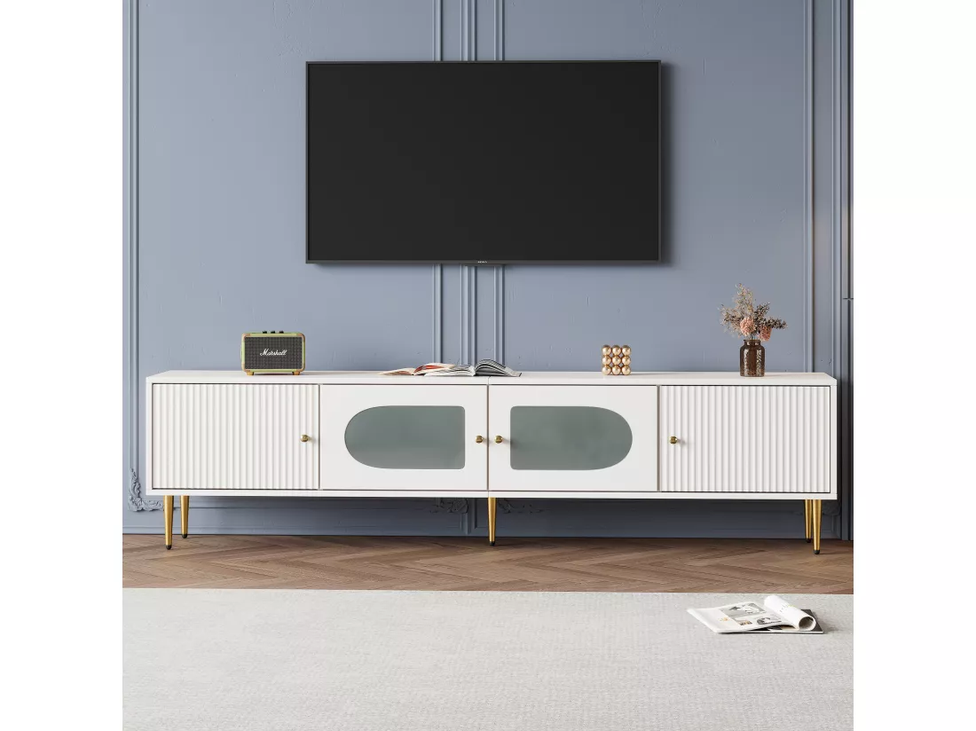 Meuble TV élégant blanc verre courbé avec pieds et poignées dorés 2 portes 170*35*50cm KACCIEN