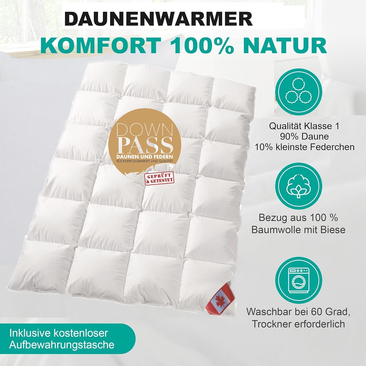 Canada Dreams Luxus extra warmes Winterbett Daunendecke Wärmegrad 5 Luxus Daunenflaum ☆☆☆☆☆ (200x200 cm)