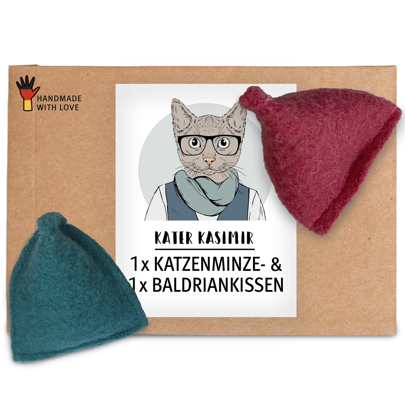 Kater Kasimir Katzen Spielkissen mit Baldrian und Katzenminze, 2er Set. Reiner Wollfilz vom Schaf, von Hand genäht