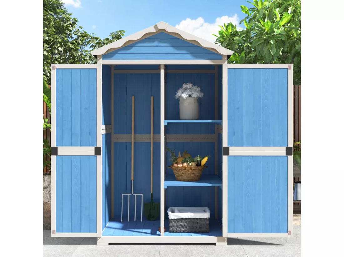 Abri de jardin en bois massif avec toit pente résistant aux intempéries - 2 portes 3 étagères - 93 x 45 x 179 cm - Bleu