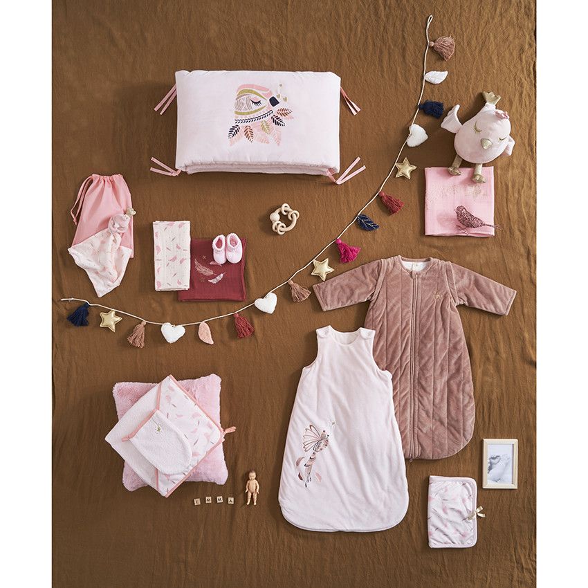 Bavoir rose print oiseau pailleté et biais doré - Rose