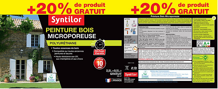 Peinture extérieure et intérieure bois microporeuse satiné Ivoire clair Syntilor 2,5L + 20% gratuit
