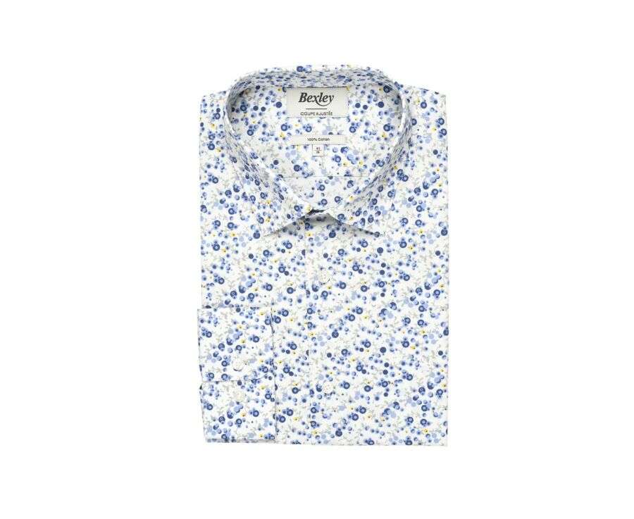 Chemise coton blanche imprimée fleurs bleues et beiges - THÉANDRE