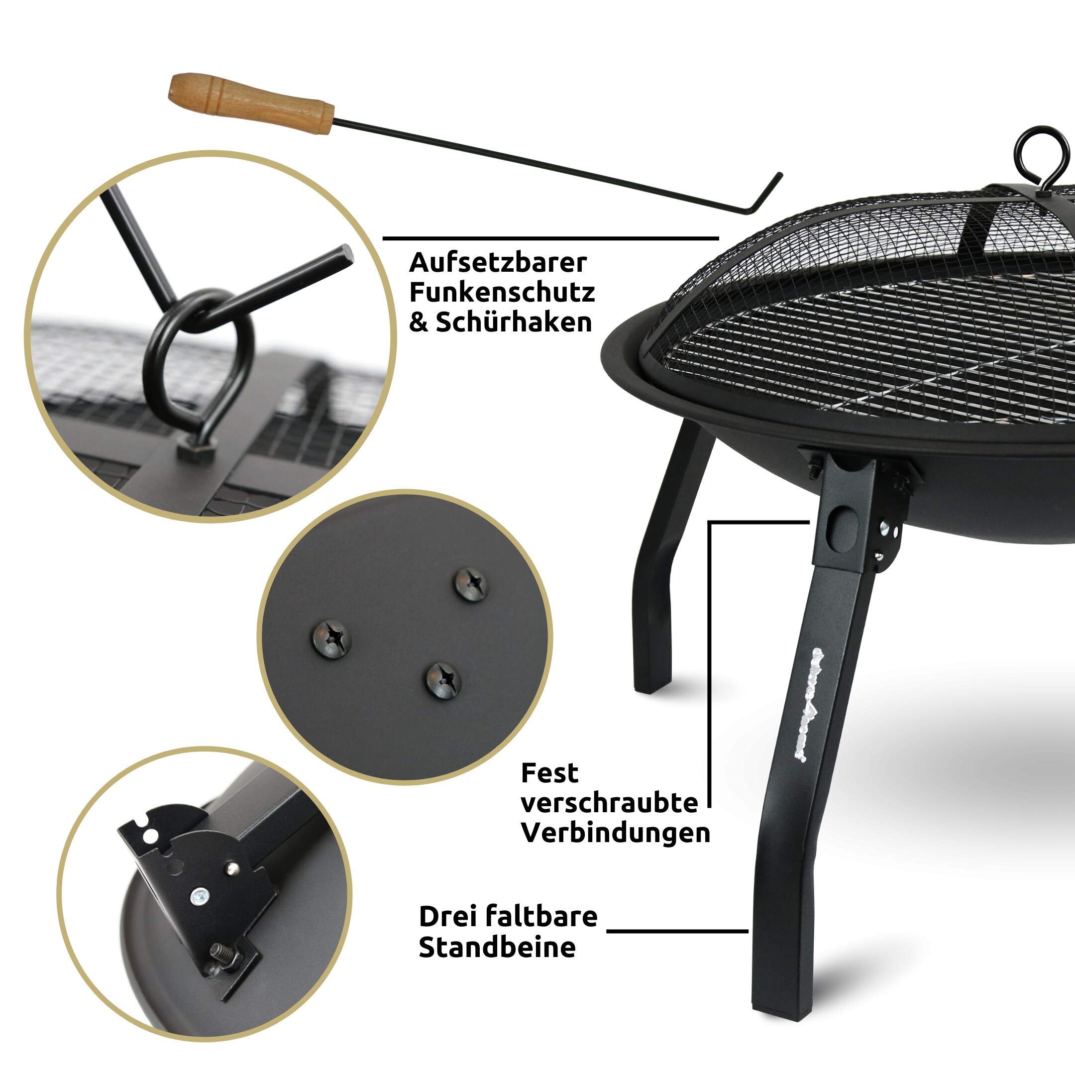 deluxe4home® Feuerschale XL I Grillrost + Funkenschutzdeckel I 55 cm Durchmesser, schwarz