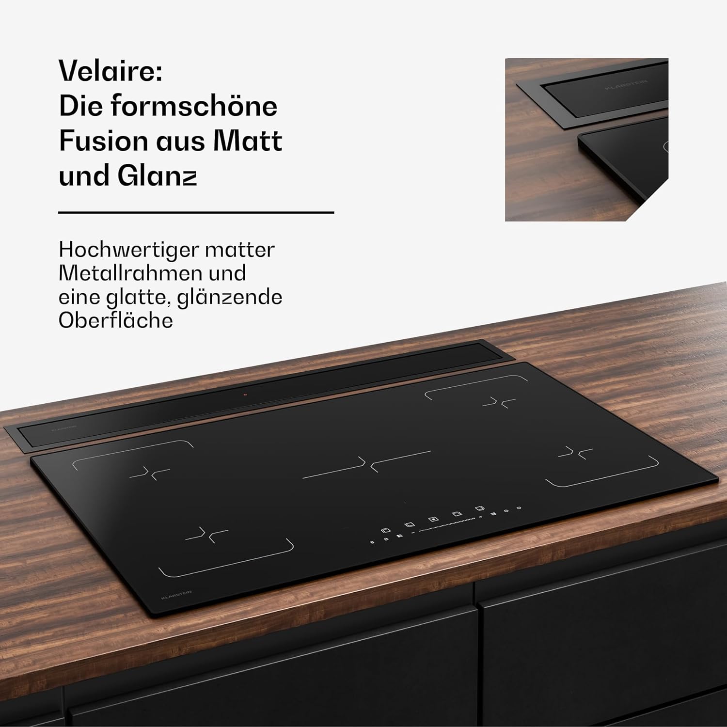 Klarstein Velaire Dunstabzugshaube 90cm - A++ Downdraft, 906 m³/h Luftstrom, Touch-Bedienung, LED, Leise, Spülmaschinenfester Filter, Kochfeldabzug, Abzugshaube 90cm
