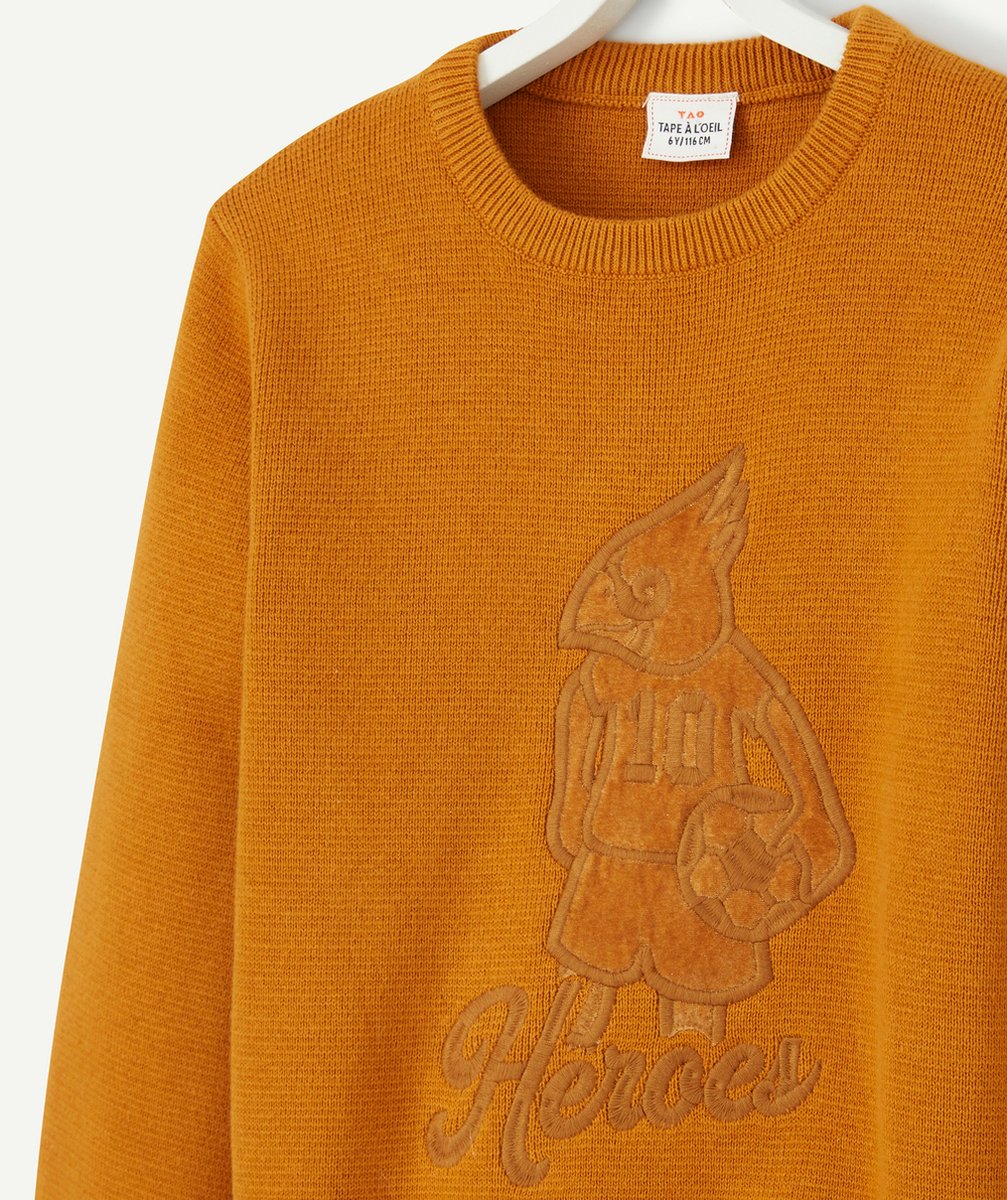 PULL EN TRICOT CAMEL AVEC MOTIF AIGLE EN FEUTRINE