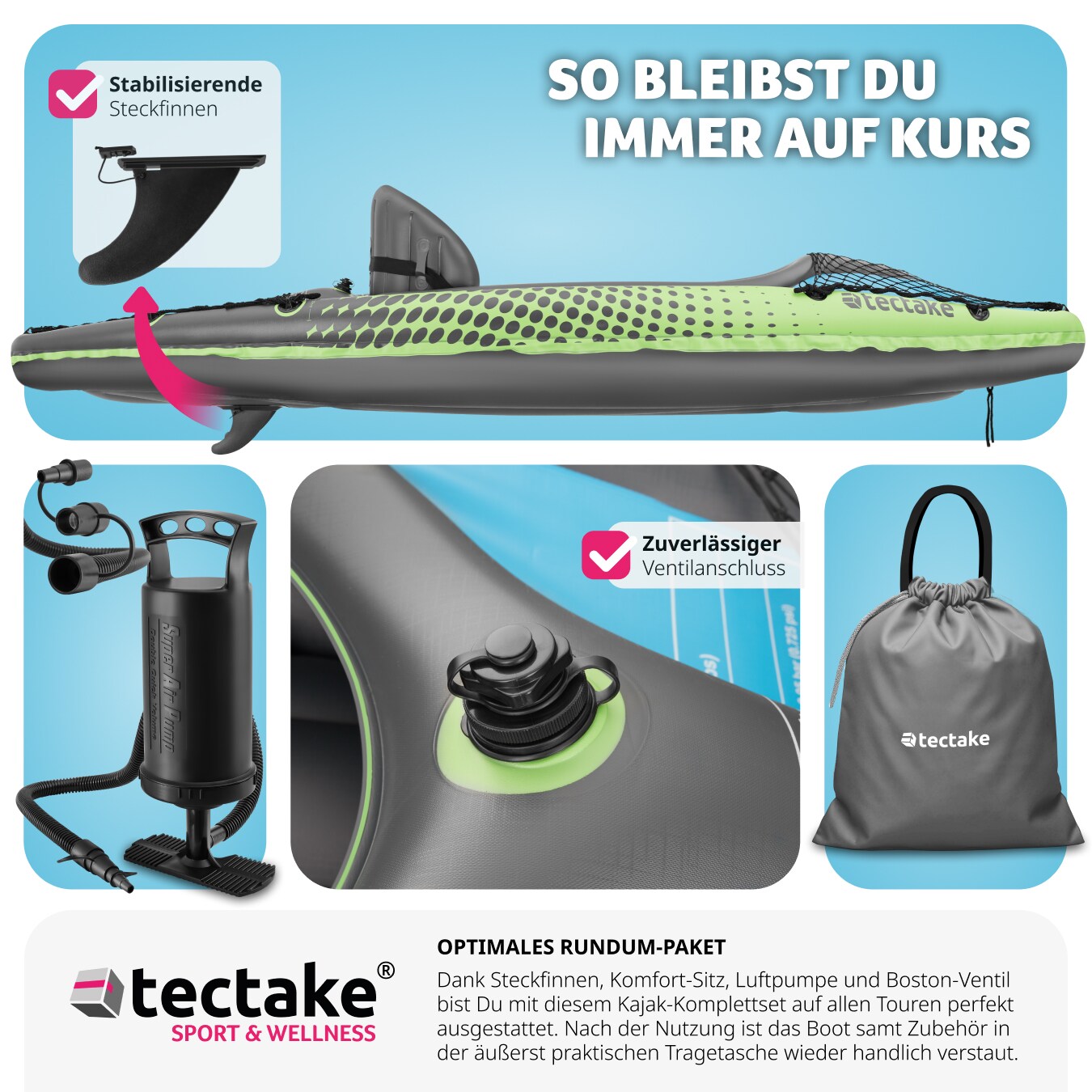 tectake® Einerkajak, aufblasbar, robust und leicht, Belastbarkeit 100 kg, 83 x 280 x 47 cm
