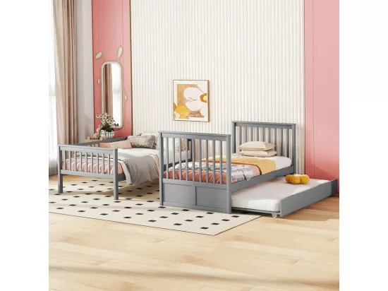 Lit superposé 2x90x200cm avec un lit gigogne 90x190cm - avec garde-corps et escalier - Gris