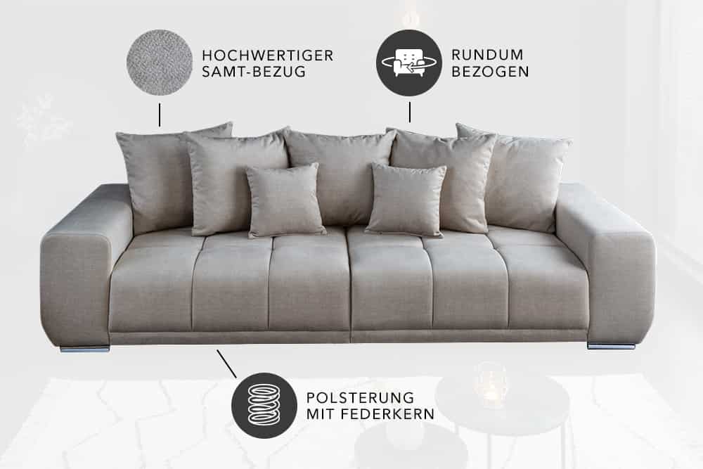 Big Sofa ELEGANCIA 285cm champagner beige Vogue Velours Samt inkl. Kissen Federkern