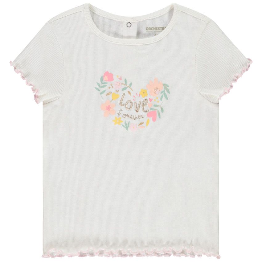 T-shirt manches courtes côtelé print floral pour bébé fille - Ecru