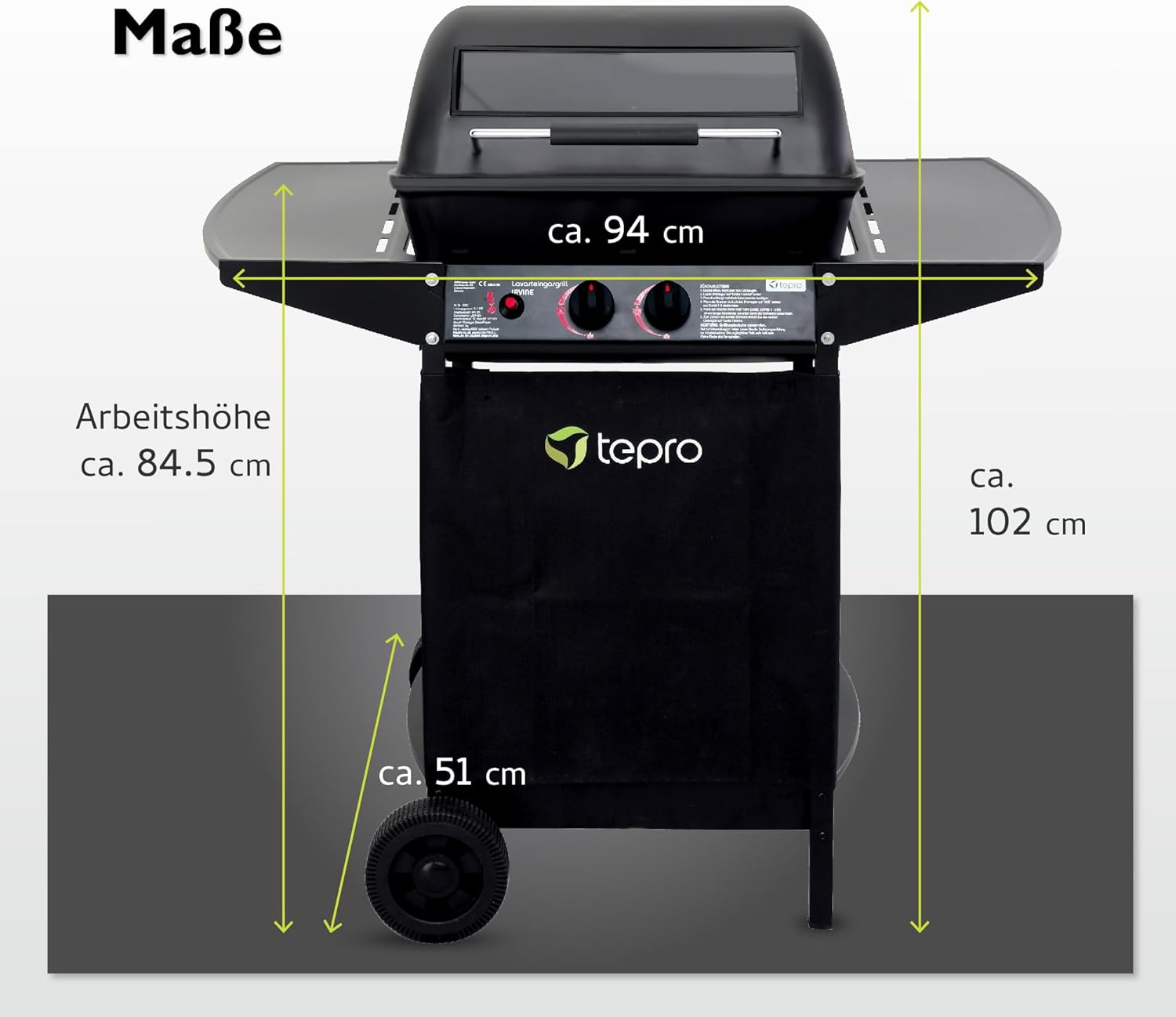tepro Lavastein Gasgrill Irvine mit max. 5,4 kW Leistung, Edelstahl-Doppelbrenner, inklusive Lavasteine, Piezozündung im Drehregler, Grillwagen mit Rädern, Maße ca. 94 x 51 x 102 cm, Schwarz
