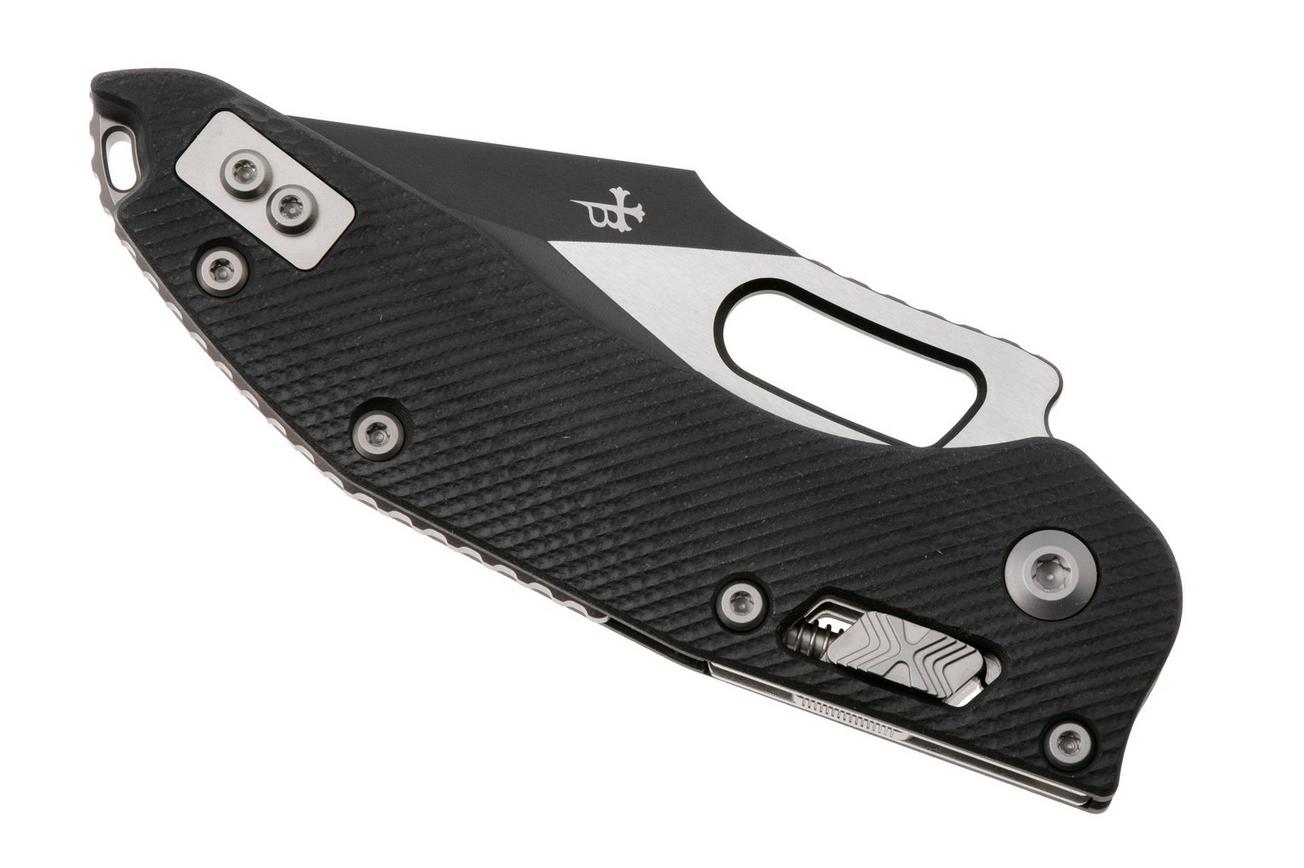 Microtech Stitch 169RL-2FLGTBK, Two Tone M390MK, Fluted Black G10 partial serrated zakmes, Borka Blades design