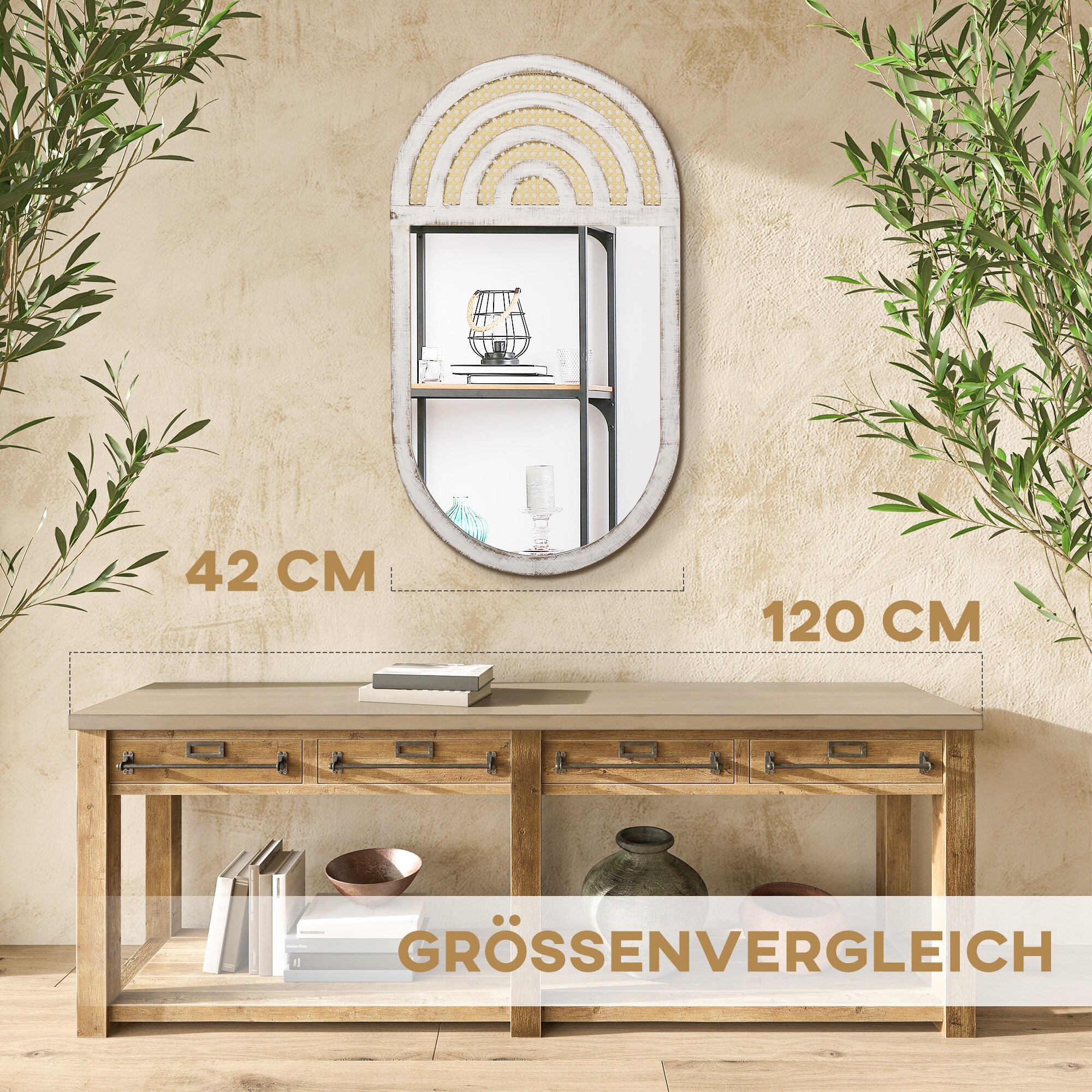 HOMCOM Wandspiegel mit eingebauten Haken weiß 50L x 3B x 90H cm