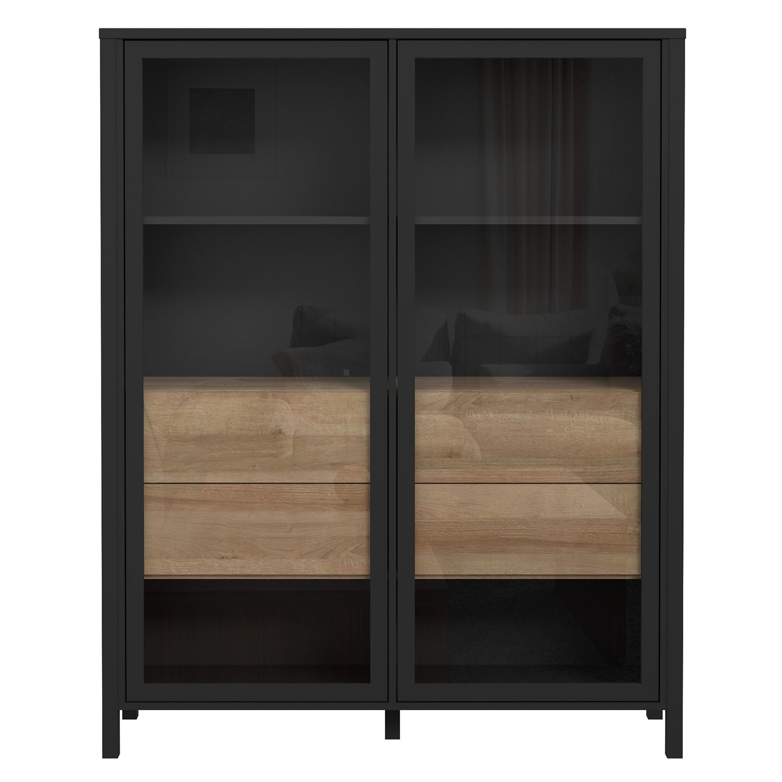 Highboardvitrine - Riveria Eiche - schwarz - mit 2 Glastüren