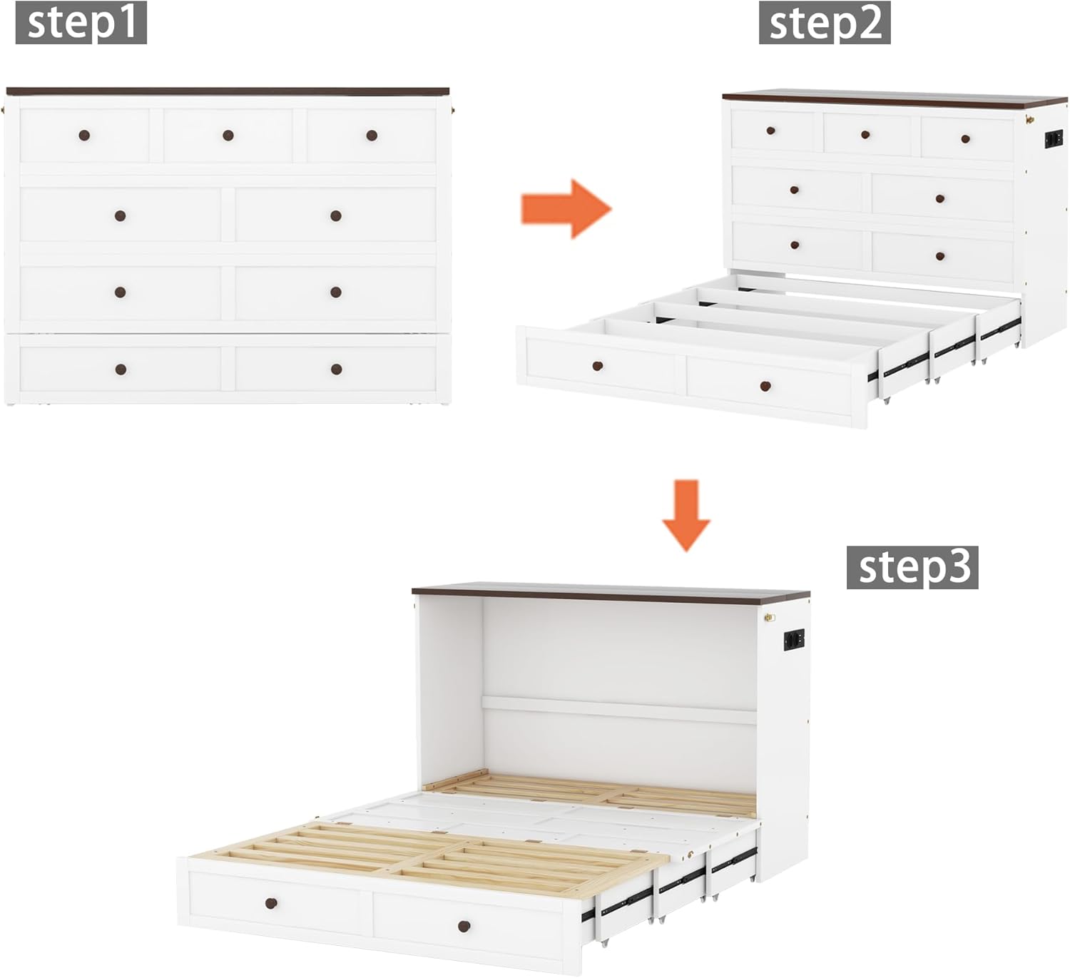 Schrankbett, 140X200cm, Mobiles Schrankbett mit Schubladen am Bettende und Regal am Kopfende des Bettes, mit USB und Steckdose, Umbaubares Plattformbett, Ohne Matratze, weiß