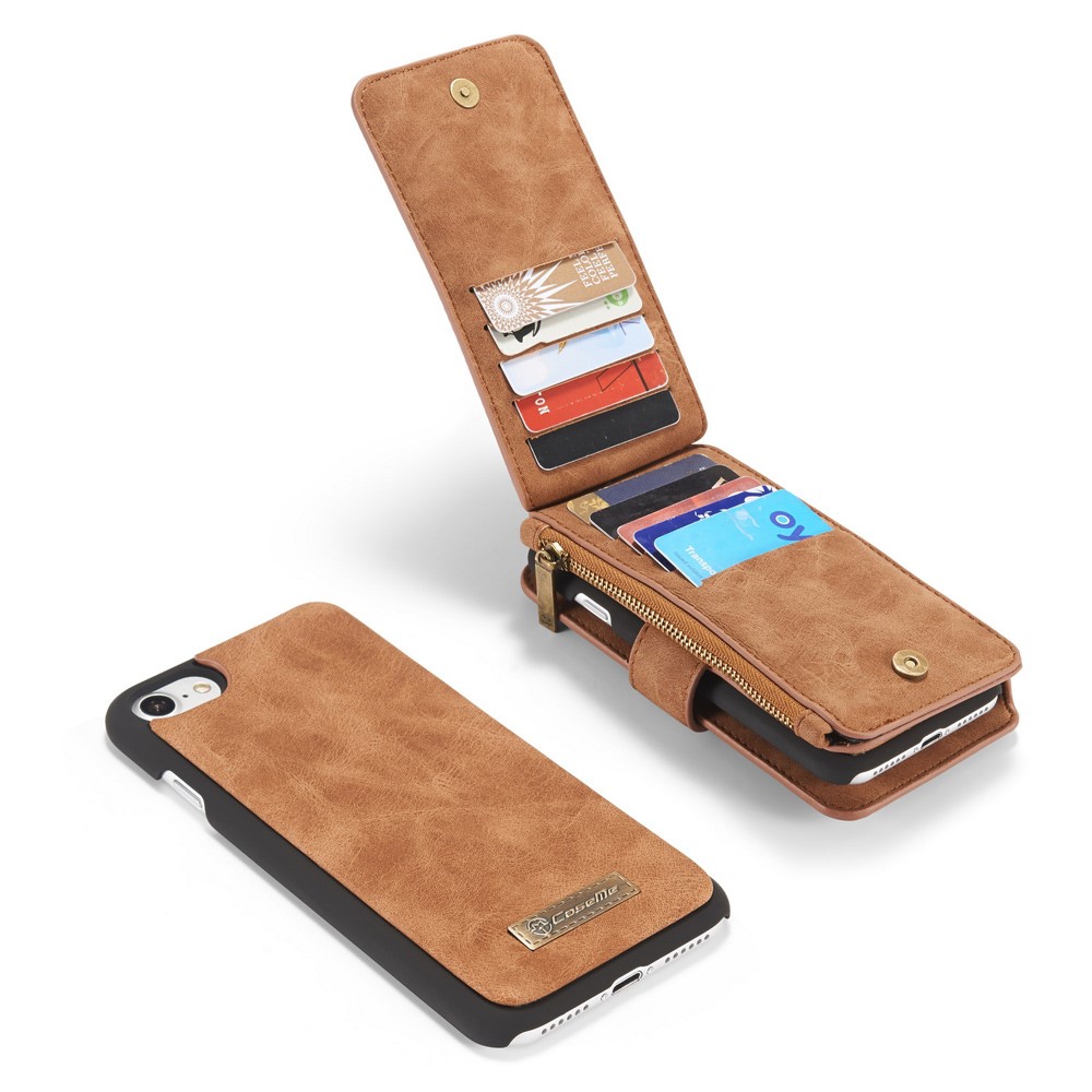 iPhone SE (2022/2020) / 8 / 7 3in1 Leder Tasche   Magnet Hardcase und Karten Etui (Vertikal Ausklappbar) - Hellbraun