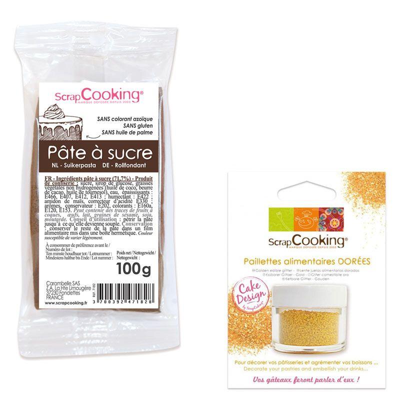 Pâte à sucre marron 100 g + paillettes dorées Scrapcooking
