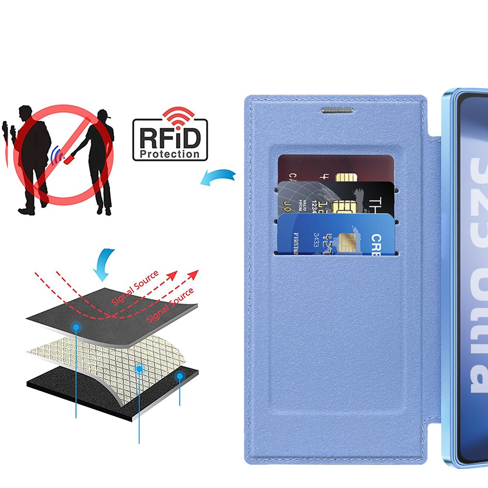 Samsung Galaxy S25 Ultra Hybrid Leder Tasche   Kunststoff Rückseite MagSafe-Modul mit Steppmuster (RFID Schutz) - Blau / Transparent