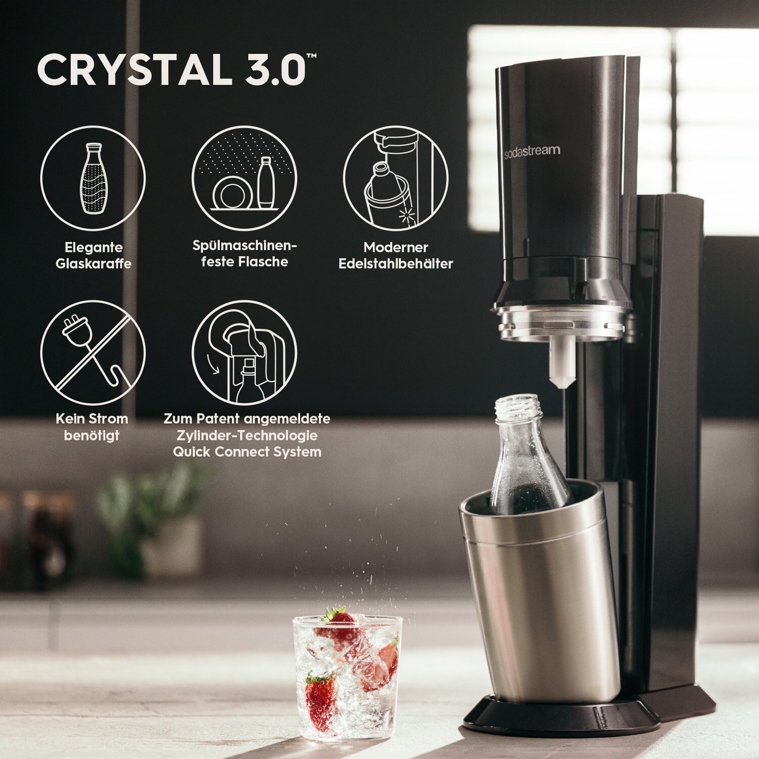 CRYSTAL 3.0 Wassersprudler titan, Bundle inkl. 3x Glasflasche, 1x Sodastream Maracuja ohne Zucker Sirup, 1x Pepsi Zero Zucker Sirup, 1x Quick-Connect Zylinder