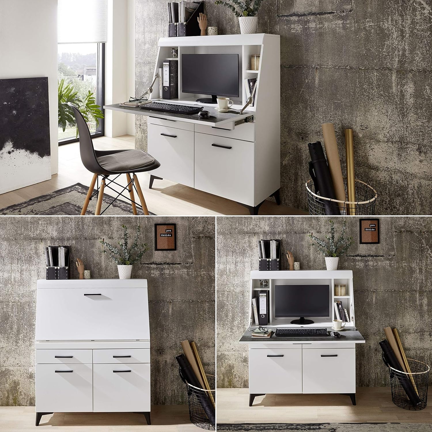 Stella Trading SECRET Sekretär Schreibtisch Kommode in Weiß matt - platzsparender Computertisch Schrank mit Schubladen - 98 x 124 x 42 cm (B/H/T)