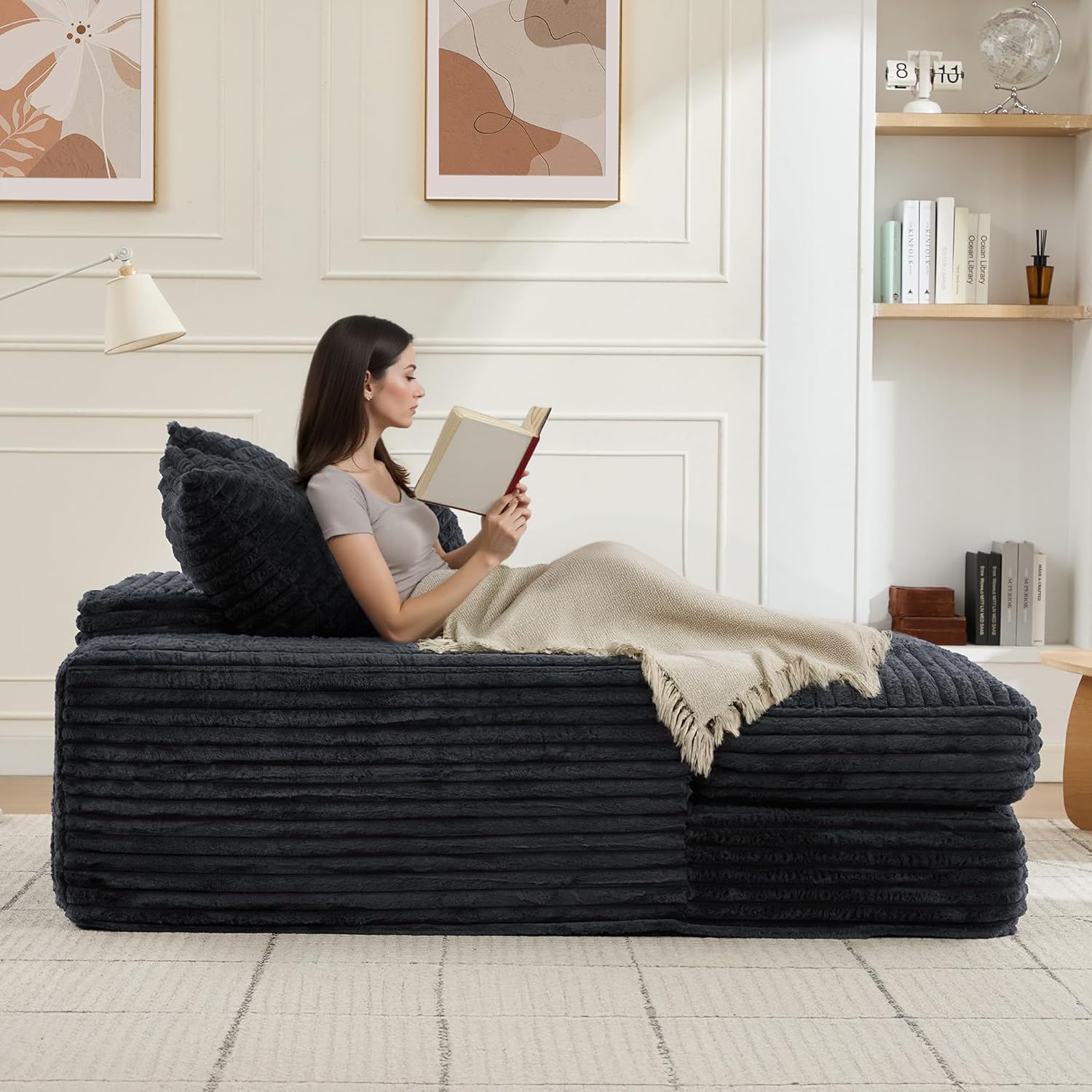 Cord Samt Lounge Sofa, 137x175 cm, Daybed & Lounger für Wohnzimmer, 2-Sitzer Couch, Extra Bequemes Sofa zum Liegen, Zum Ausstrecken und Entspannen, Grau