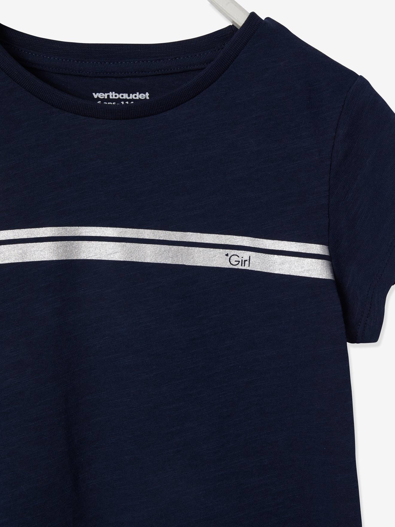 Camiseta esportiva listrada iridescente para meninas, lisa, branca clara com estampas.