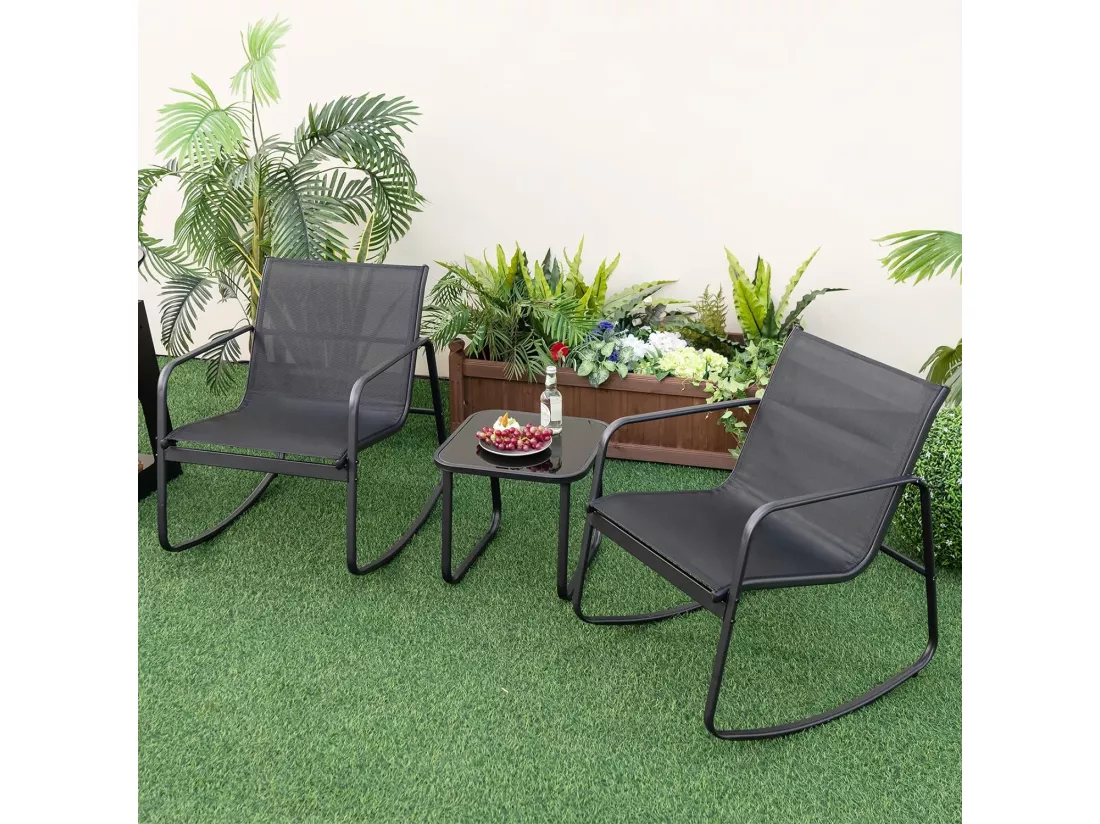 Salon de Jardin 3 Pièces avec Chaises à Bascule Table en Verre, Ensemble de Meuble Extérieur 2 Fauteuils Cadre Métallique Charge 150KG, pour Porche Bord de Piscine Balcon