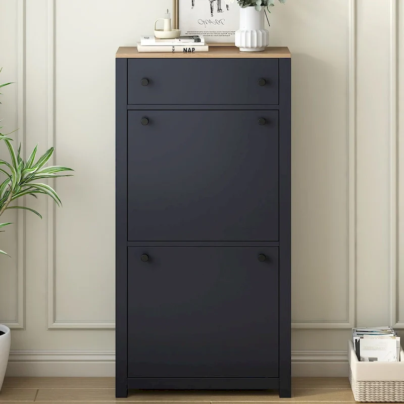 Entryway Organizer with 2 Drawers,Wood Grain Pattern Top Shoe Cabinet with Drawer, Free Standing Shoe Rack with Adjustable Panel